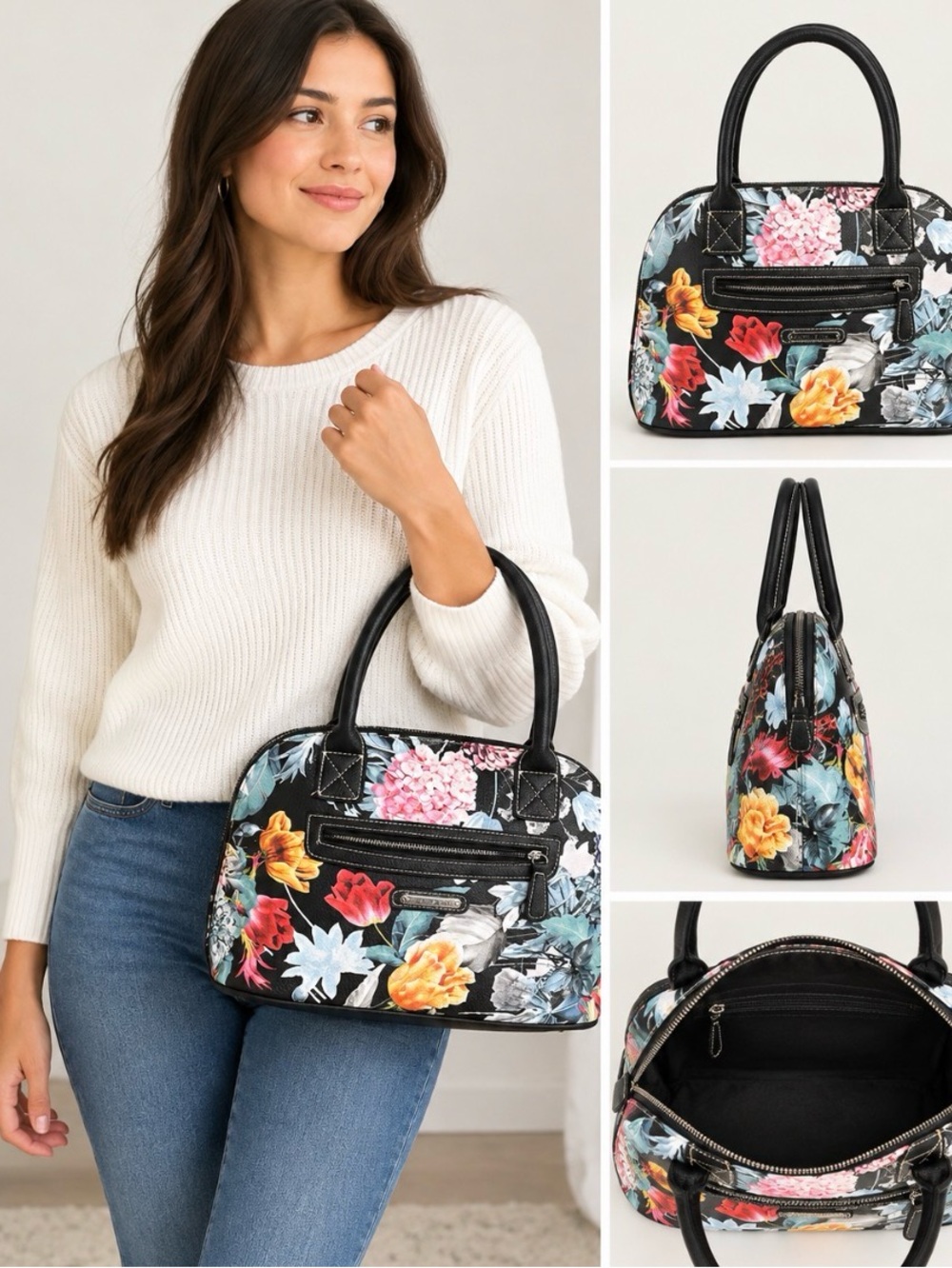 Stone & Co Floral Satchel Handbag Black Colorful Flower Print